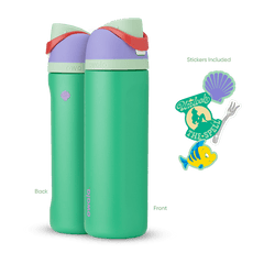 FreeSip 24oz in Ariel, mint green insulated bottle with light lavender flip cap, sage green lid, and red carry loop, shown front and back with included purple shell, "Unlock the Spell" silhouette, fork, and Flounder fish stickers