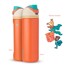 FreeSip 24oz in Moana, bright orange insulated bottle with teal flip cap, cream lid, tan accent band, and orange carry loop, shown front and back with included sailboat, teal wave, "Island Girl" silhouette, and Hei Hei rooster stickers