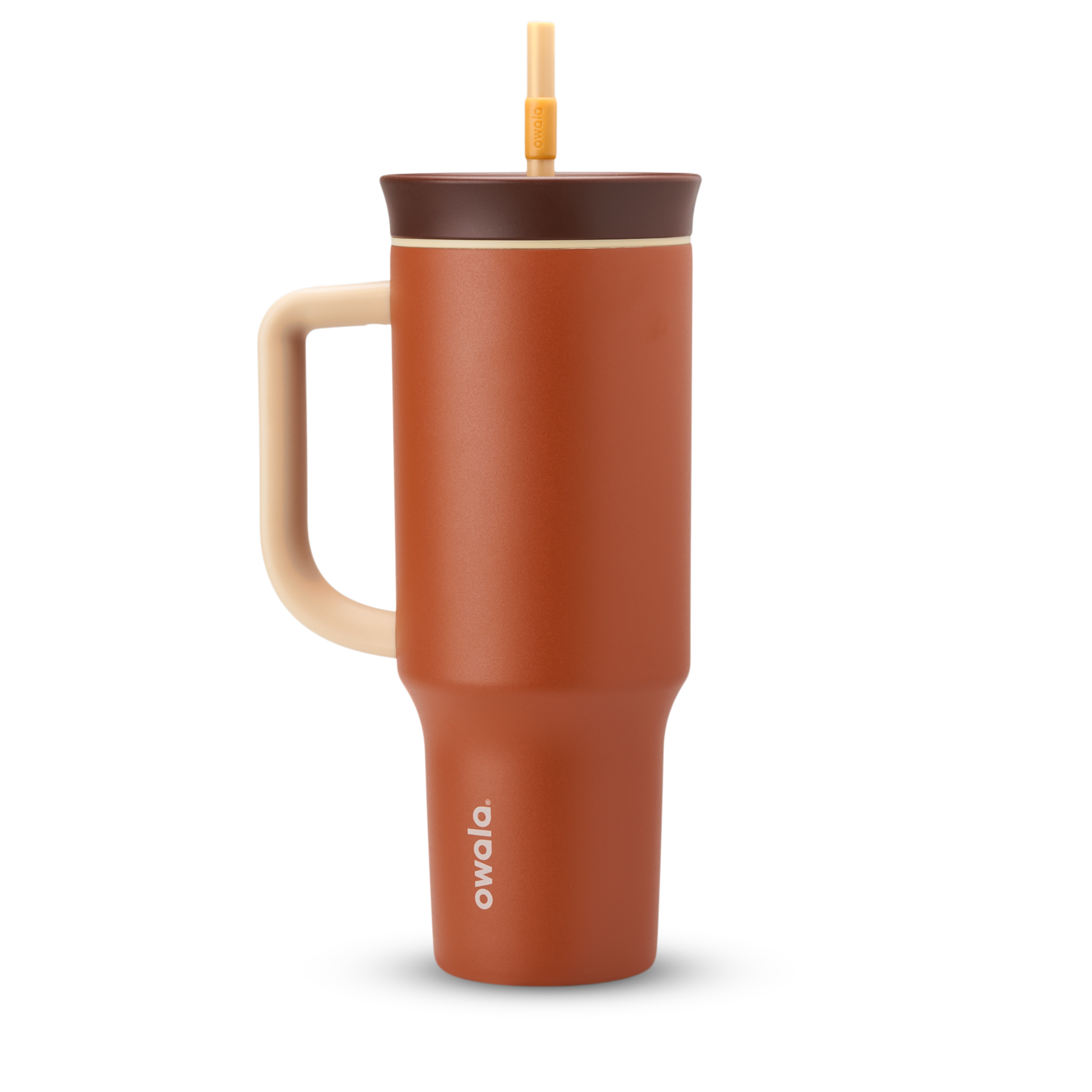 40oz Tumbler in Pumpkin Spice, burnt orange insulated tumbler with cream handle, dark chocolate brown lid, and orange-tipped straw
