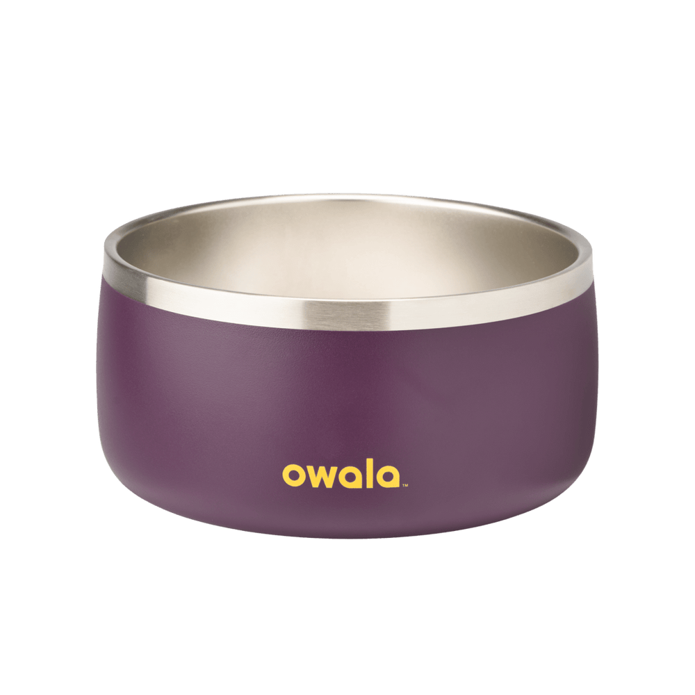 Pet Bowl 6-cup, deep plum purple exterior with stainless steel interior; yellow Owala logo