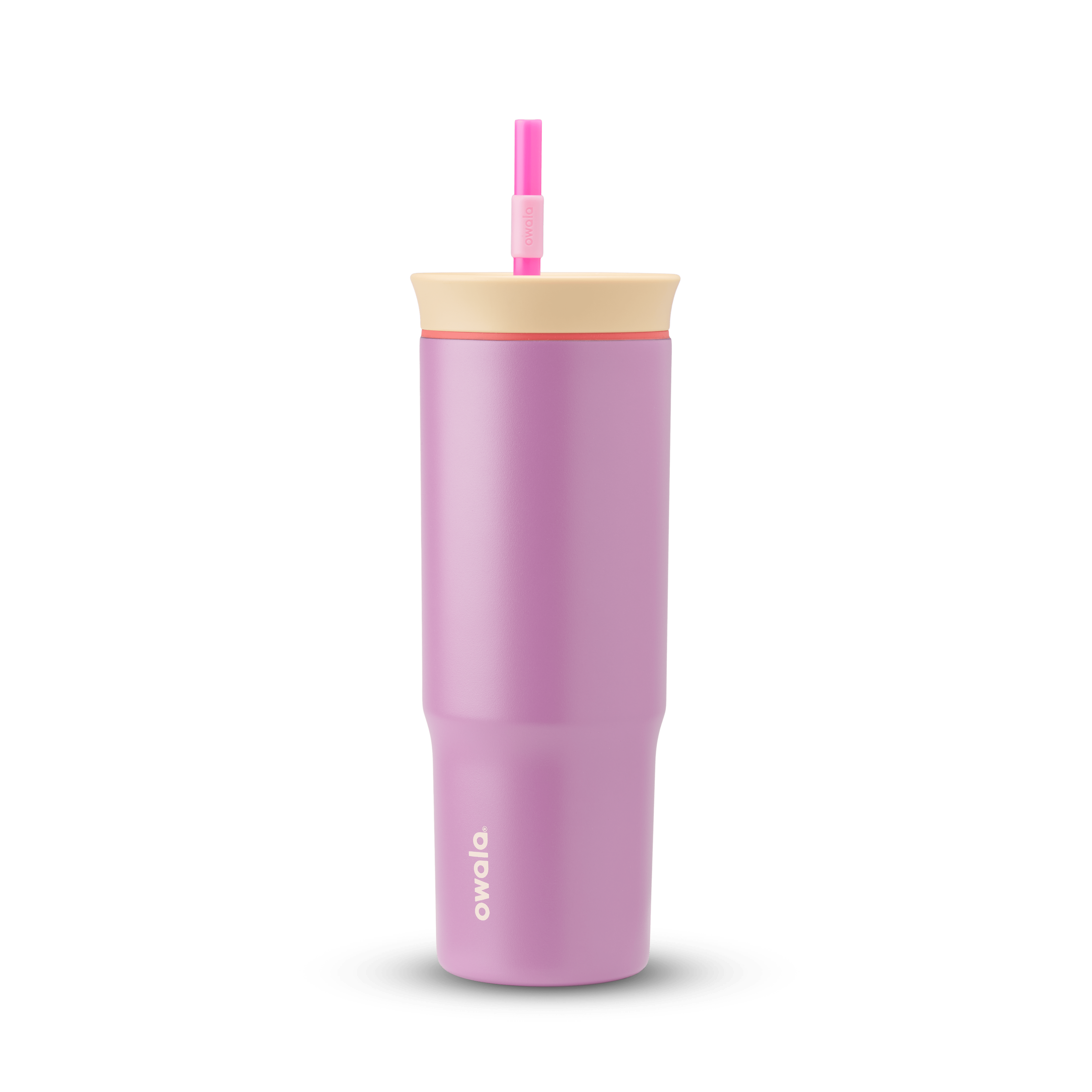 24oz Tumbler in Smell the Roses; matte lavender-pink insulated tumbler with cream lid, coral-red accent ring, and hot pink straw with light pink grip, Owala wordmark on front