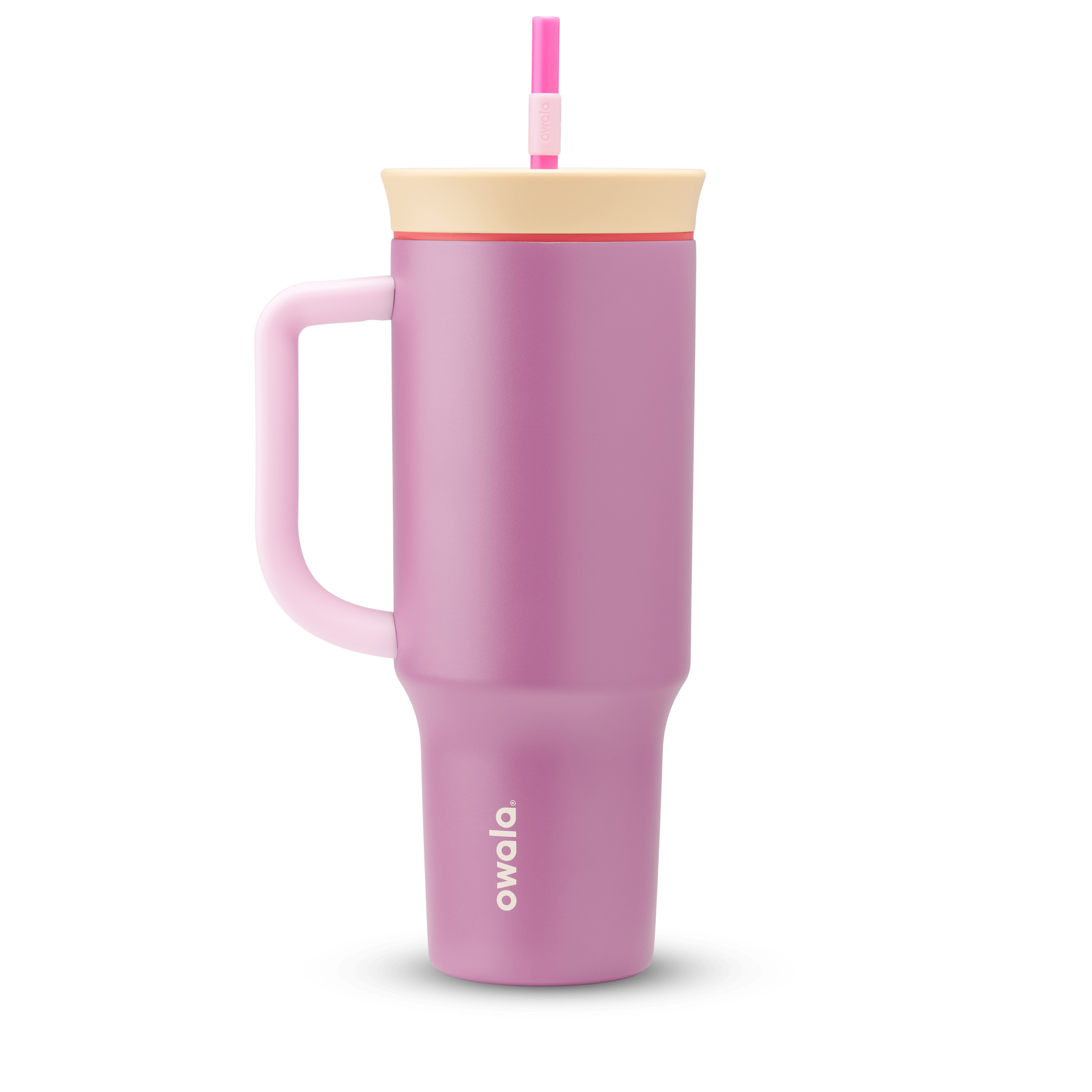 40oz Tumbler in Smell the Roses, dusty mauve pink insulated tumbler with light pink handle, cream lid with red accent ring, and bright pink straw
