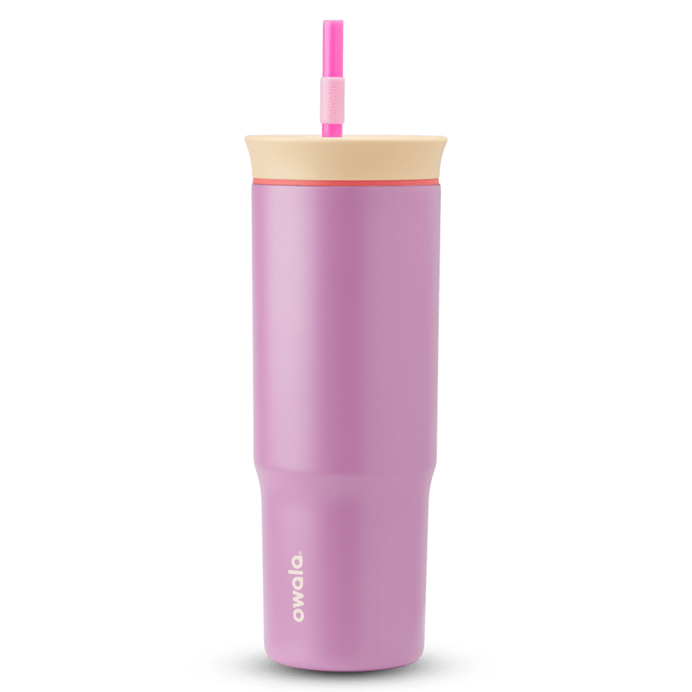 24oz Tumbler in Smell the Roses; matte lavender-pink insulated tumbler with cream lid, coral-red accent ring, and hot pink straw with light pink grip, Owala wordmark on front