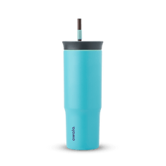 24oz Tumbler in Splash Zone; matte aqua-cyan insulated tumbler with dark slate-gray lid and dark brown straw with light mint grip, Owala wordmark on front