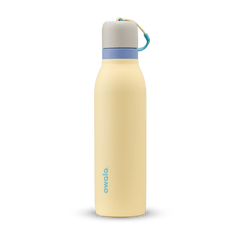 FreeSip Twist 18oz in Sunny Daze, pale yellow insulated water bottle with light gray twist cap, periwinkle blue twist cap accent band, and teal carry string with grip