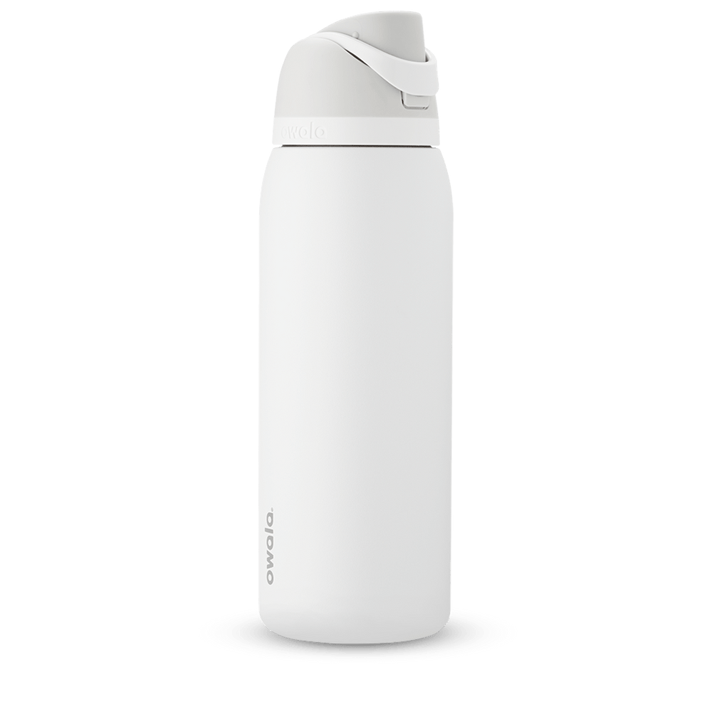 FreeSip 40oz water bottle, bright white body with white flip cap and carry loop