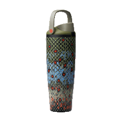 FreeSip Sway 40oz Off the Hook; rotating view of body covered in a dense fish-scale mosaic pattern blending olive green, sky blue, and orange-red speckled scales, with sage green flip cap, olive carry loop, and red push-button