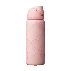 FreeSip 32oz Sugar Plum Fairy; rotating view of light pink body with diagonal lattice pattern of pastel pink, lavender, and cream ribbon bows, matching pink flip cap, pink carry loop, and cream push-button